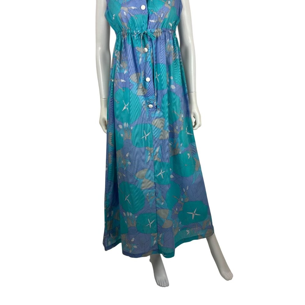 Vintage 70s Maxi Dress Womens Medium Trippy Aqua Lavender Tropical Empire Waist - Picture 7 of 13